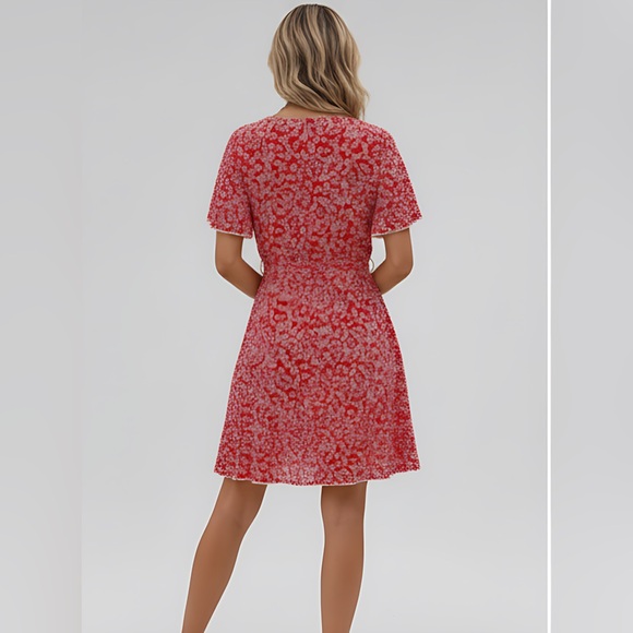 Frenchy Ditsy Floral Print Butterfly Sleeve Ruffle Trim Faux  Wrap Dress - Picture 3 of 9